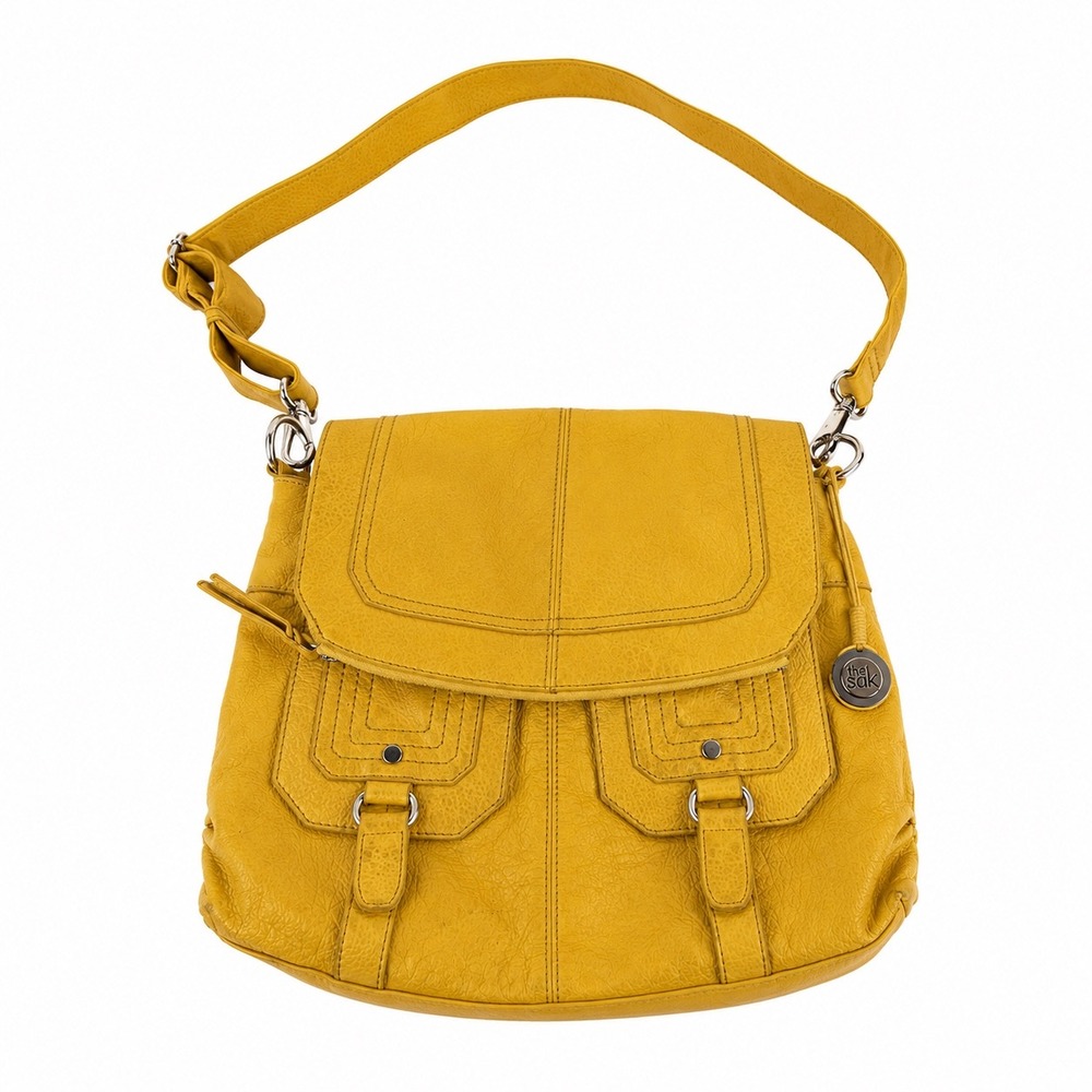 The Sak Vintage Y2K Yellow Leather Pebbled Messenger Multi-Pocket Crossbody Bag
